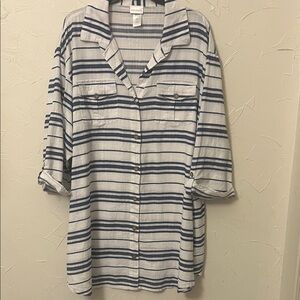 Wearabouts Blue & White Sriped 100% Cotton Blouse, Size 3X, Button Front